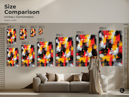 Size comparison of abstract art in inches and centimeters. The artwork is available in multiple sizes. See how the art fits with a person and sofa to better understand scale. The art features an abstract pattern with red yellow black and white. Find the perfect size for your space.
