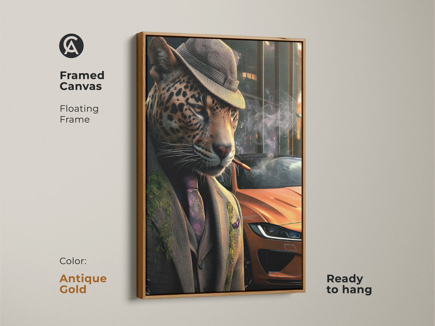 Framed canvas art with a vintage twist. A sophisticated leopard in suit is featured. The antique gold floating frame adds elegance. This neo-noir artwork is perfect as a conversation starter. It is ready to hang.