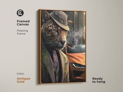 Framed canvas art with a vintage twist. A sophisticated leopard in suit is featured. The antique gold floating frame adds elegance. This neo-noir artwork is perfect as a conversation starter. It is ready to hang.