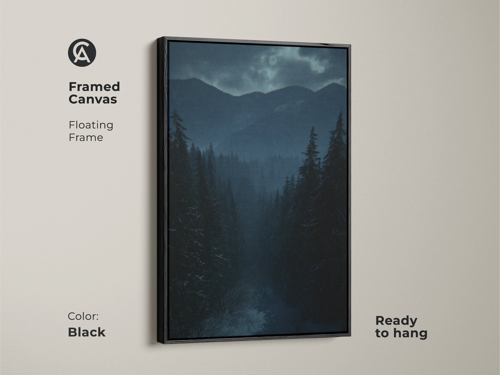 Framed canvas of a deep blue and teal winter forest. Black floating frame enhances the moody mountain wall art. The rustic nature scene wall hanging is ready to hang. Snowy mountain canvas print.
