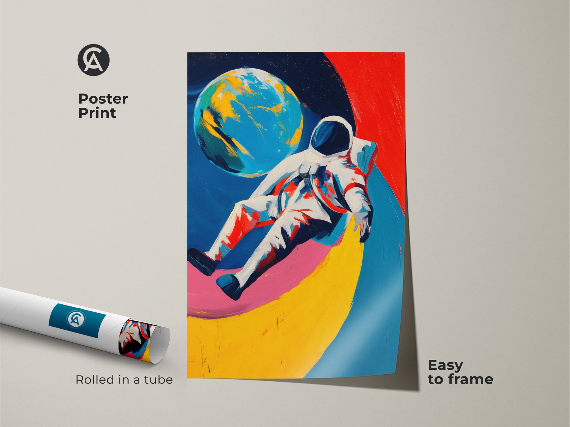 Rolled poster print of abstract space art. The astronaut and planet artwork features blue red and yellow. Easy to frame and perfect as modern office wall art.