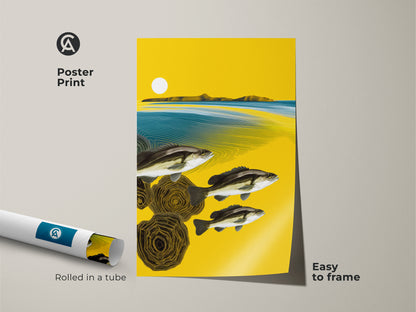 This abstract fish art print is rolled in a protective tube for easy framing. It showcases a yellow and teal landscape art. Its contemporary wildlife artwork adds an artistic touch to any room. This artwork is easy to frame.