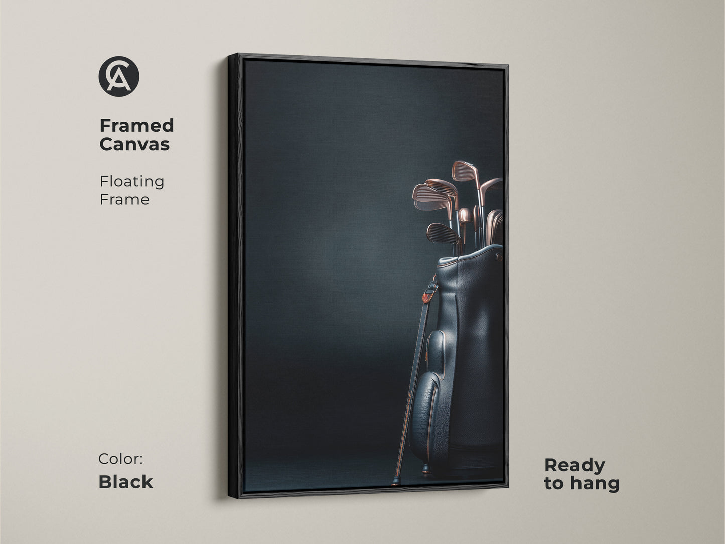 Framed canvas art featuring golf clubs in a black bag. The floating frame is black. The artwork is ready to hang. This stylish sports themed piece adds sophistication to any room. Purchase this framed art today.