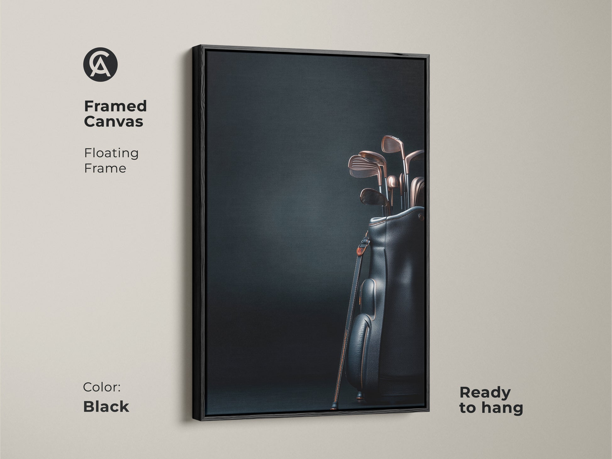 Framed canvas art featuring golf clubs in a black bag. The floating frame is black. The artwork is ready to hang. This stylish sports themed piece adds sophistication to any room. Purchase this framed art today.
