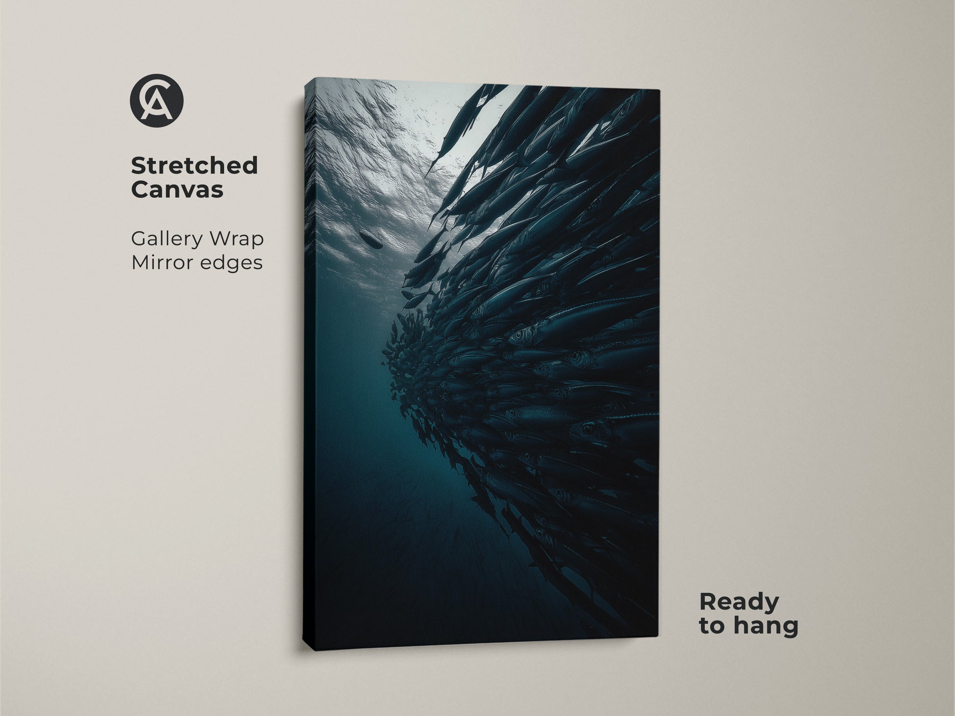 Stretched canvas showcasing a school of fish in deep blue and gray teal. This underwater ocean wildlife print is ready to hang. This contemporary fish artwork with mirror edges is a modern home interior art piece. A perfect oceanic nature wall decor for sea lovers.