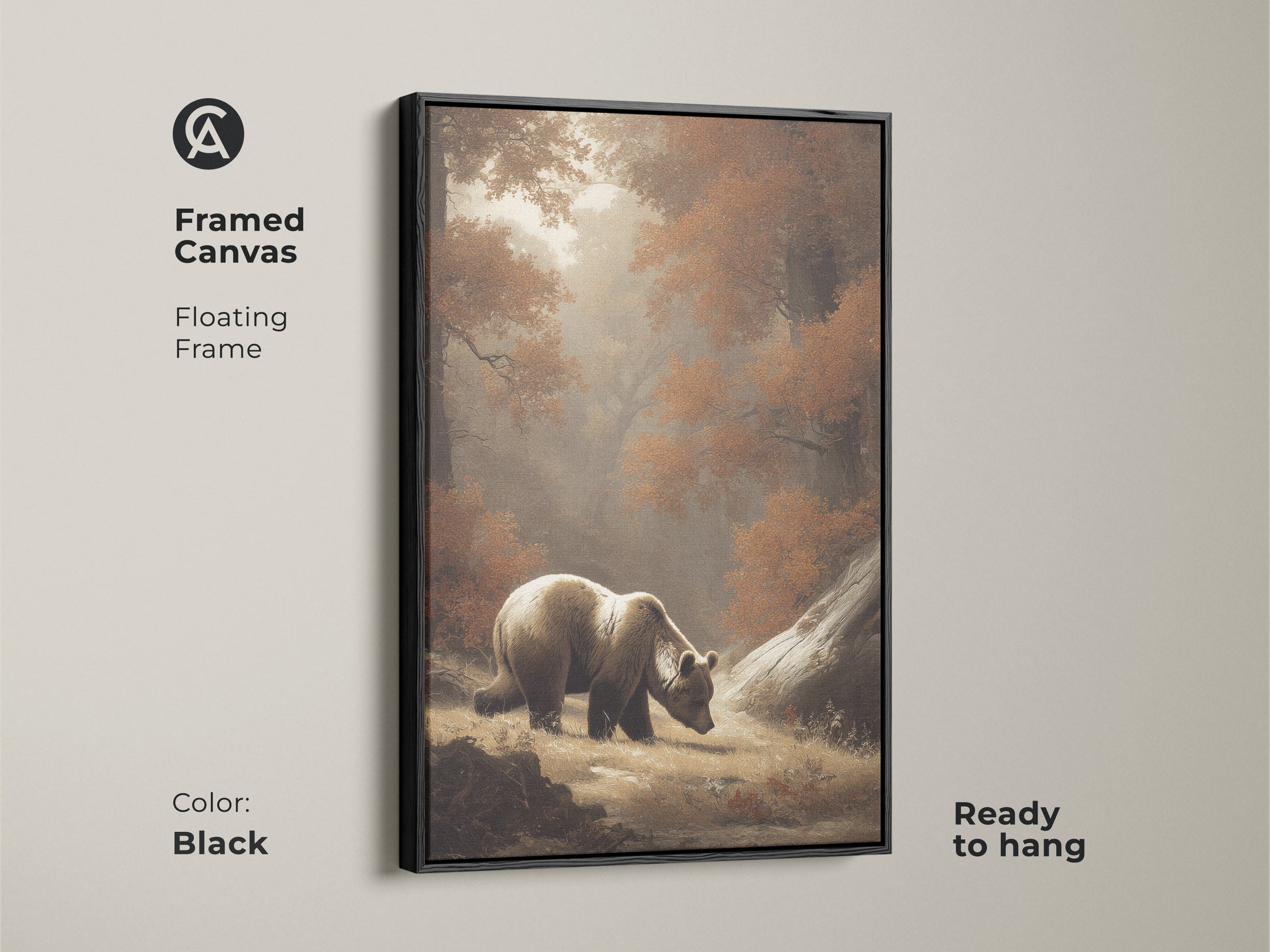 Framed canvas featuring a bear in a forest scene. Black floating frame enhances the sepia wildlife wall art. Ready to hang in any room. The rustic autumn landscape print adds charm. A cozy cabin decor essential.