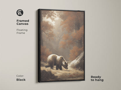 Framed canvas featuring a bear in a forest scene. Black floating frame enhances the sepia wildlife wall art. Ready to hang in any room. The rustic autumn landscape print adds charm. A cozy cabin decor essential.