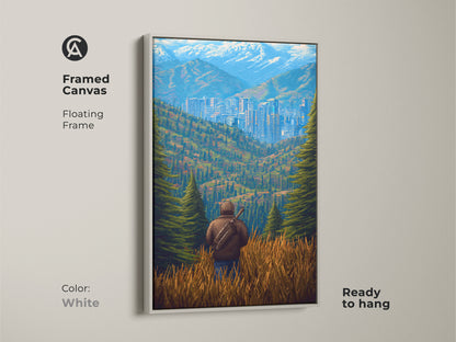 Framed canvas with white floating frame presenting pixel art of a city within a mountain landscape. This retro mountain landscape art is ready to hang. The modern office wall art features a unique pixelated style. Ideal for urban explorers.