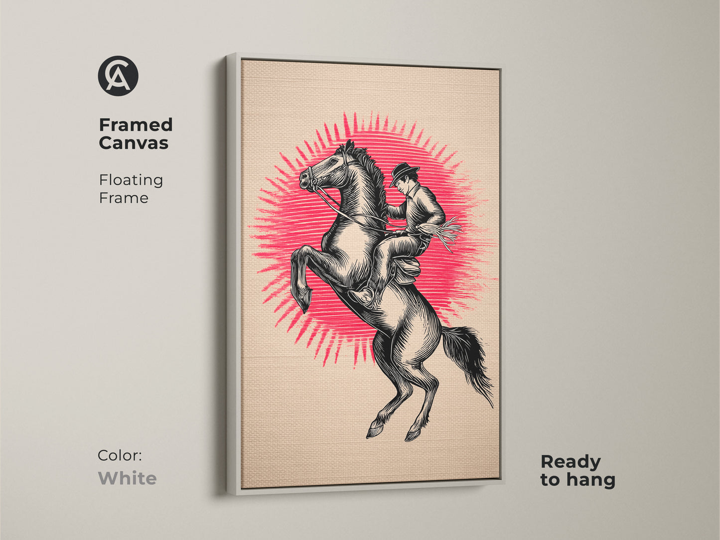 Framed canvas features a white frame color. This ready to hang artwork shows a cowboy riding a rearing horse. The artwork is a vintage cowboy poster and rustic black beige artwork. The artwork adds to Americana wall decor.