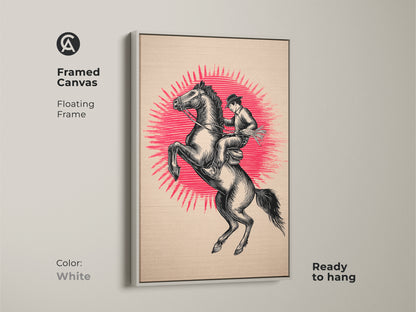 Framed canvas features a white frame color. This ready to hang artwork shows a cowboy riding a rearing horse. The artwork is a vintage cowboy poster and rustic black beige artwork. The artwork adds to Americana wall decor.