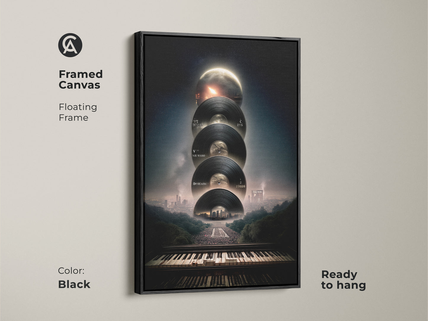 Framed Canvas: Surreal music artwork with a floating black frame ready to hang. This conceptual wall art features a vinyl record piano keyboard cityscape print. The black frame enhances the black and grey color palette making it ideal for music lovers.