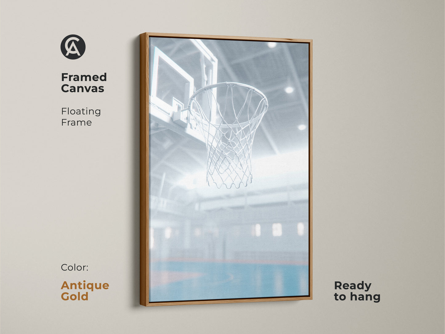 This is a framed canvas art of a basketball hoop with a floating frame. The frame is antique gold. The artwork is ready to hang. It is a great addition to any space. The gold frame adds a touch of elegance to the sporty theme.