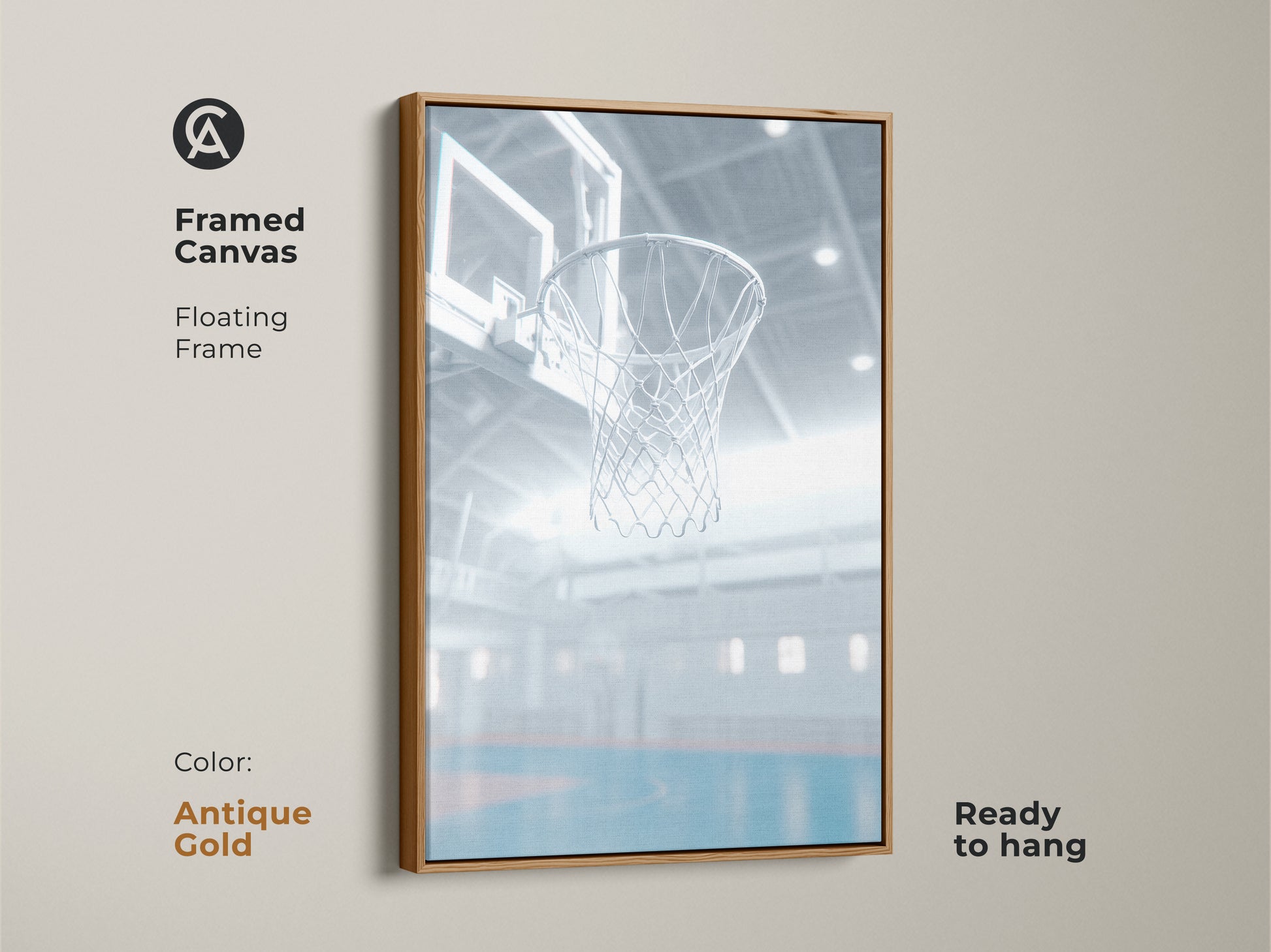 This is a framed canvas art of a basketball hoop with a floating frame. The frame is antique gold. The artwork is ready to hang. It is a great addition to any space. The gold frame adds a touch of elegance to the sporty theme.
