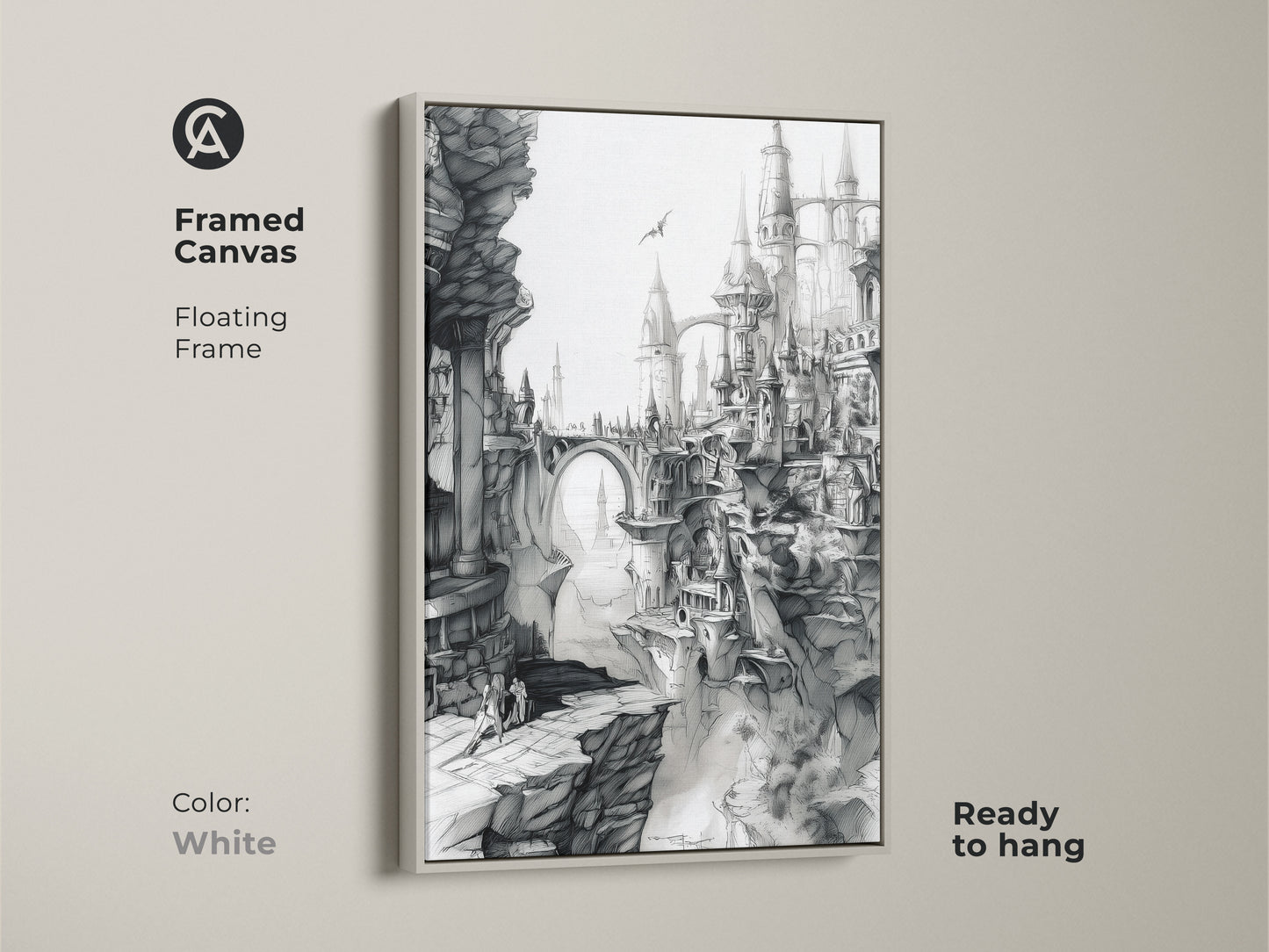 White framed canvas featuring fantasy city artwork. This floating frame art print comes ready to hang. The black and white art showcases gothic architecture and a dramatic landscape. A modern touch.