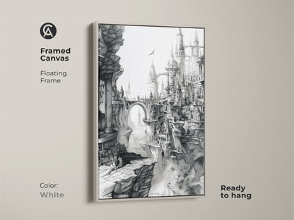 White framed canvas featuring fantasy city artwork. This floating frame art print comes ready to hang. The black and white art showcases gothic architecture and a dramatic landscape. A modern touch.
