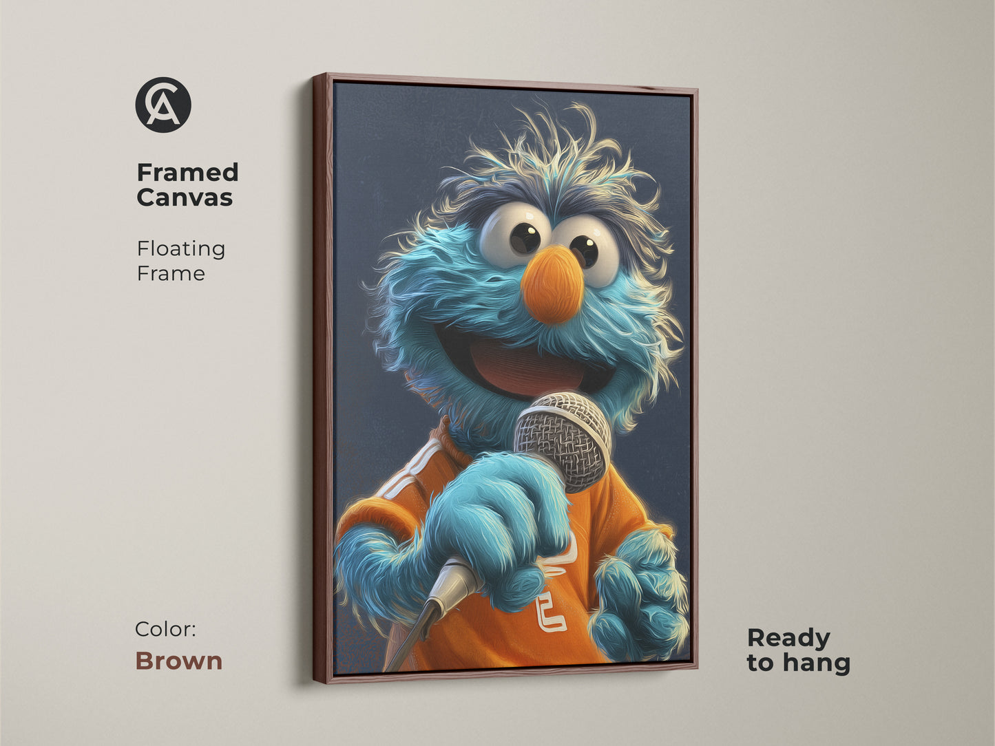 A framed canvas with a floating brown frame displays a blue monster art print. This ready-to-hang wall art is excellent for kids room decor. A great pop culture artwork.