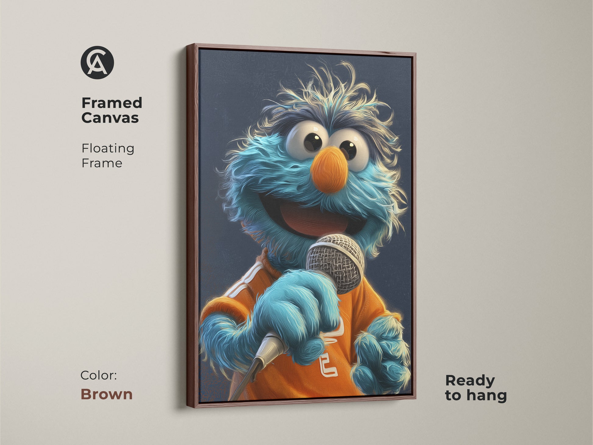 A framed canvas with a floating brown frame displays a blue monster art print. This ready-to-hang wall art is excellent for kids room decor. A great pop culture artwork.