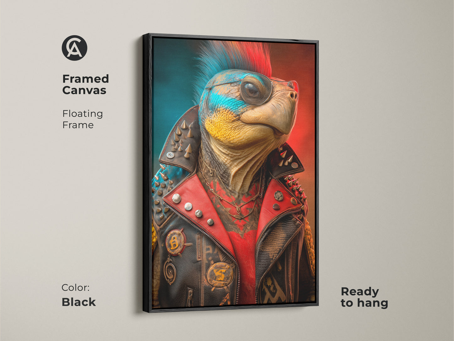 This framed canvas displays a punk rock turtle ready to hang. This unique piece combines surreal animal and pop culture themes. It's perfect for teen room decor and man cave wall hangings. The floating black frame enhances this eclectic animal print. It makes a bold statement in any space for music fans.