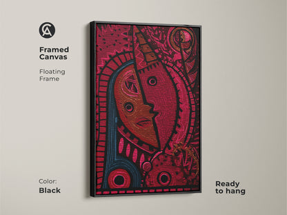 Framed canvas featuring abstract face artwork. The black floating frame enhances the red and blue tribal mask. It's ready to hang and perfect for office wall decor. This bold figurative art is a great gift.