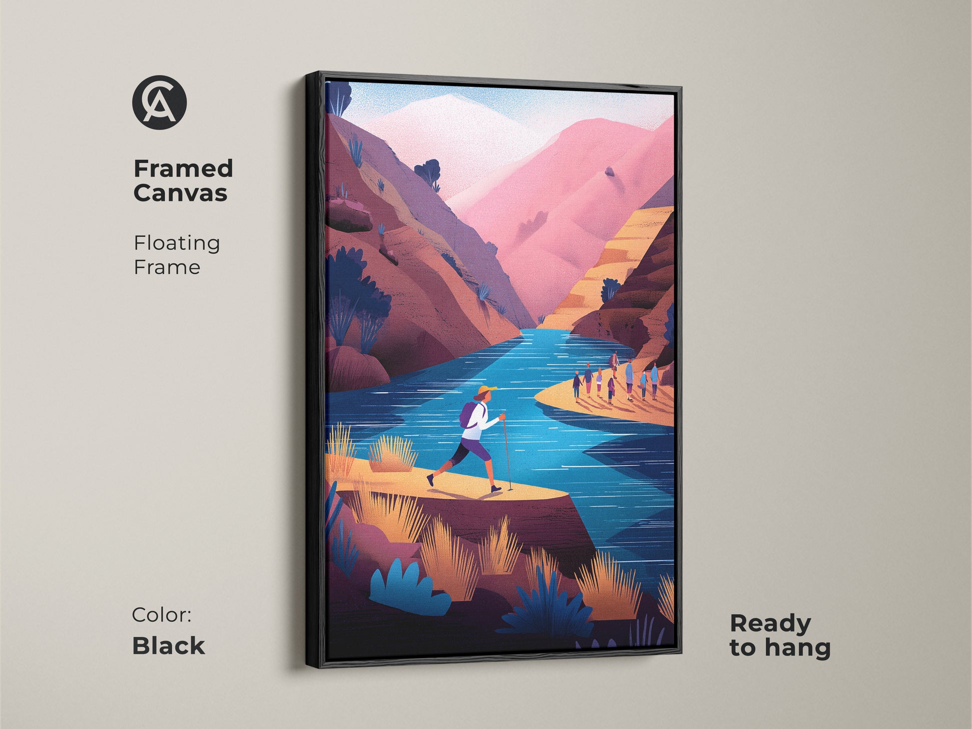 Framed canvas of teal pink mountain scenery with a black floating frame. Ready to hang. This adventure wall art print shows a hiking river landscape. It's a contemporary flat illustration for outdoor lovers. A great housewarming gift idea.