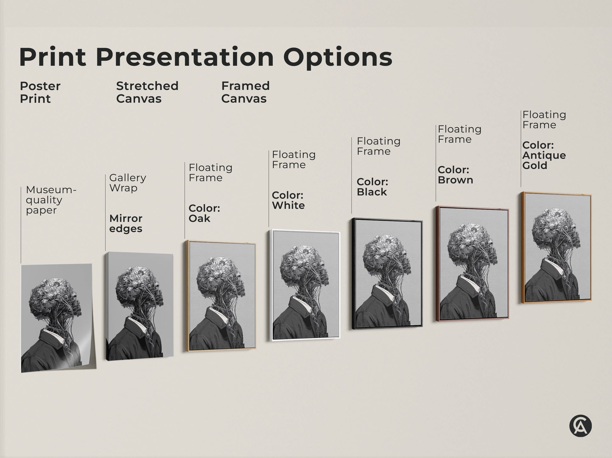 Explore print presentation options for surreal botanical head art. Choose from poster prints stretched canvas and framed canvas. Floating frames are available in white black brown oak and antique gold. Find the perfect style for your space.
