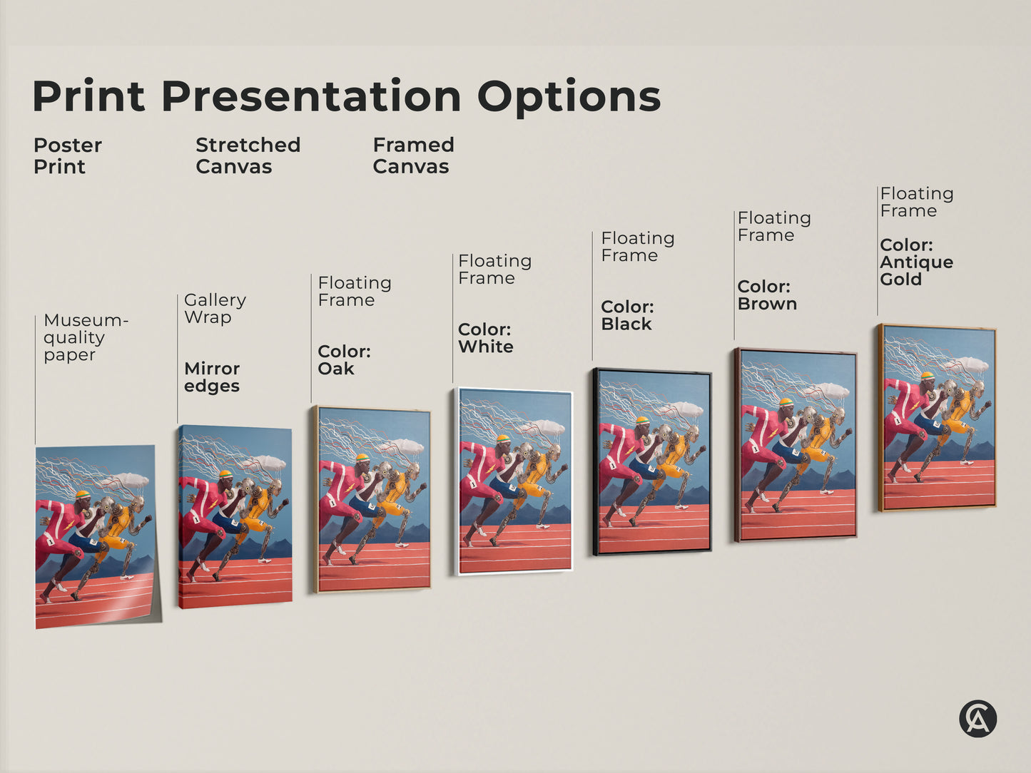 Sizing guide for vertical futuristic runner artwork. Visualize canvas and poster sizes. Find the perfect fit for your surreal sports decor and tech athlete canvas print.