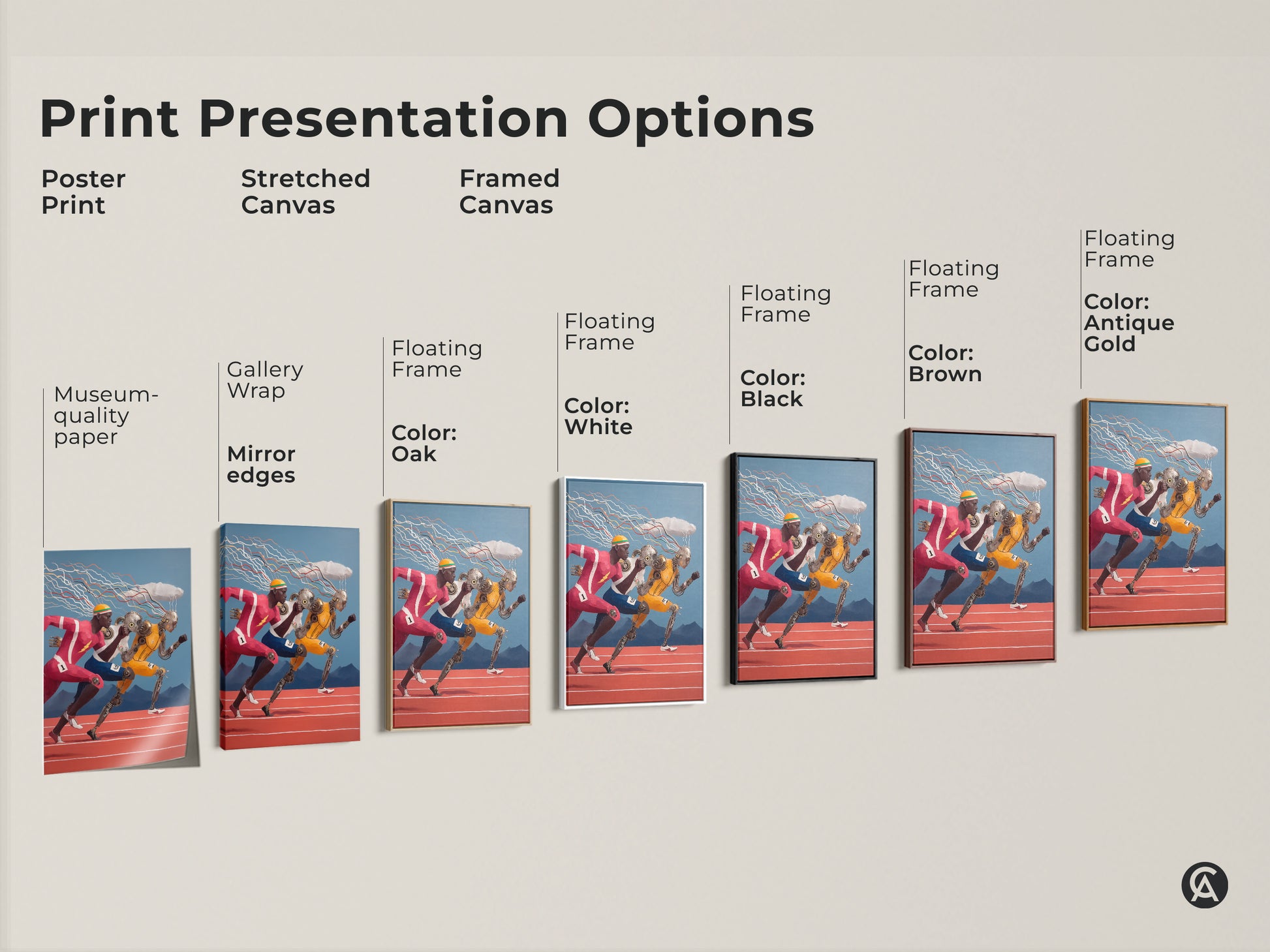 Sizing guide for vertical futuristic runner artwork. Visualize canvas and poster sizes. Find the perfect fit for your surreal sports decor and tech athlete canvas print.