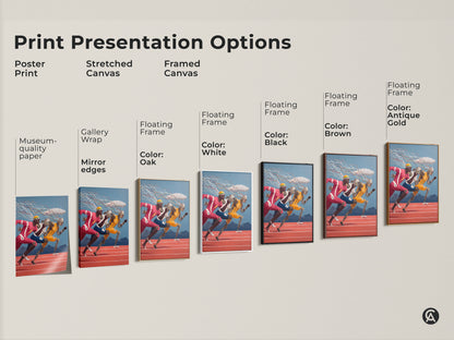 Sizing guide for vertical futuristic runner artwork. Visualize canvas and poster sizes. Find the perfect fit for your surreal sports decor and tech athlete canvas print.