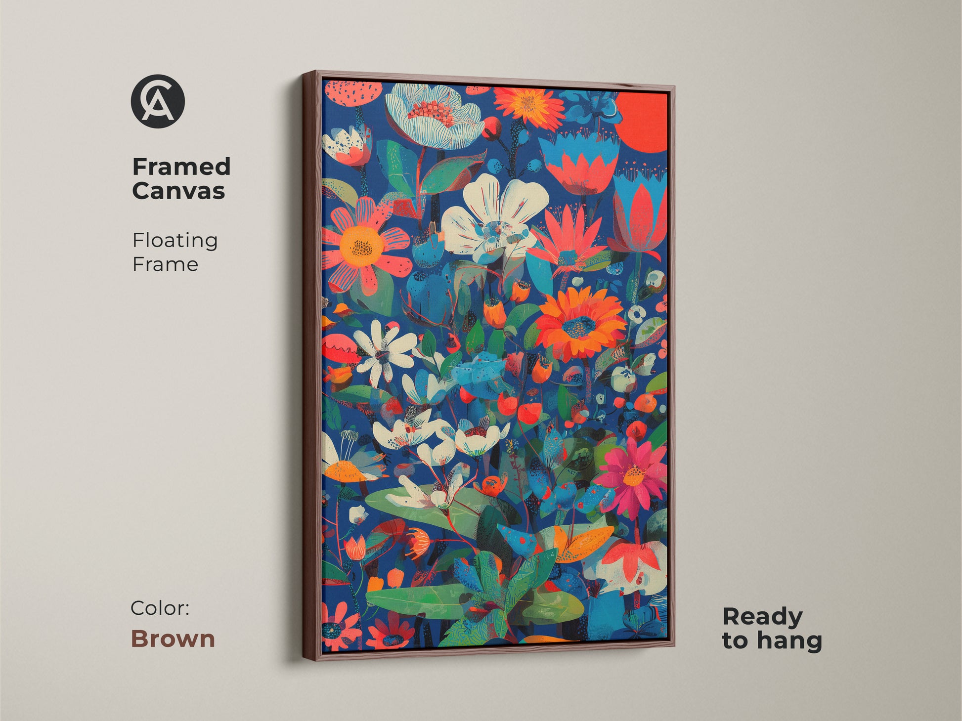 Framed canvas of botanical abstract wall art. The floating frame is brown. The floral print features deep blue coral red and teal colors. A modern folk art decor piece that is ready to hang.
