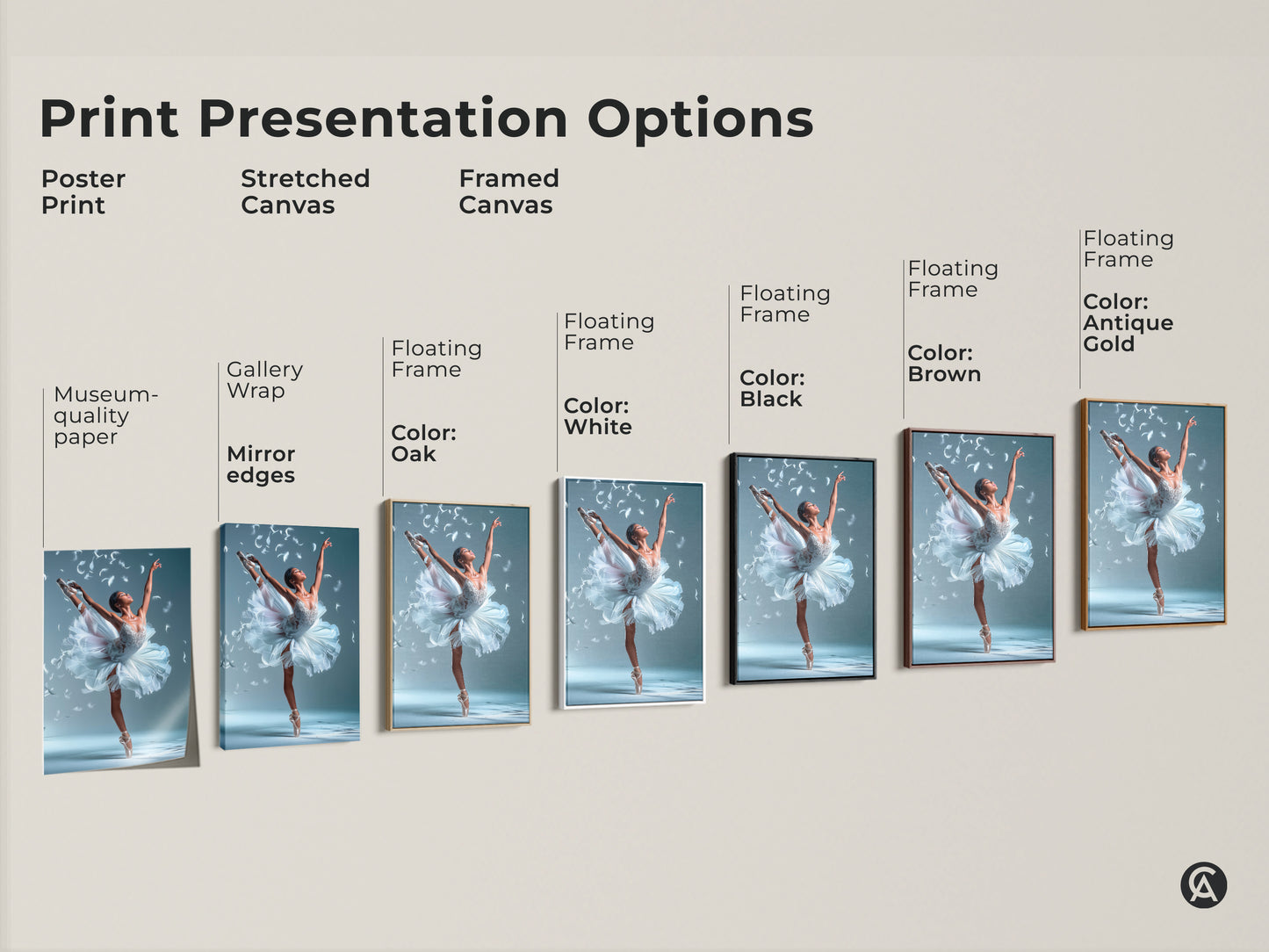 Explore print options for ballerina artwork. Choose from poster prints stretched canvas or framed canvas. Each option showcases a ballerina in a white tutu surrounded by feathers. Find the perfect presentation for your style.
