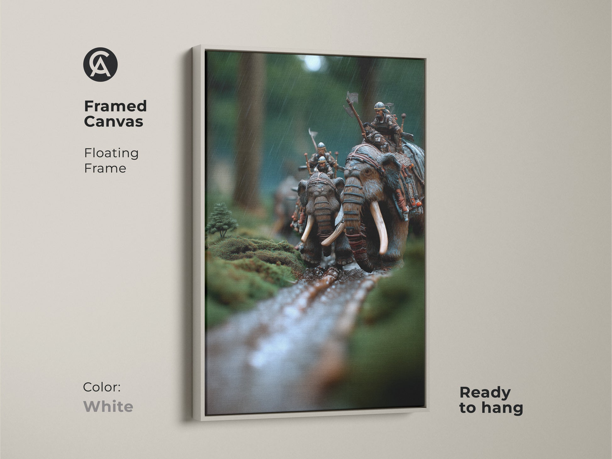 Framed canvas art showing elephant warriors. White floating frame ready to hang. The moss green and earthy brown tones enhance this fantasy battle scene artwork. A unique animal themed art piece for eclectic home decor and office warrior wall hanging.