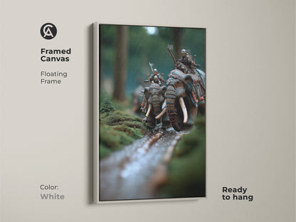 Framed canvas art showing elephant warriors. White floating frame ready to hang. The moss green and earthy brown tones enhance this fantasy battle scene artwork. A unique animal themed art piece for eclectic home decor and office warrior wall hanging.
