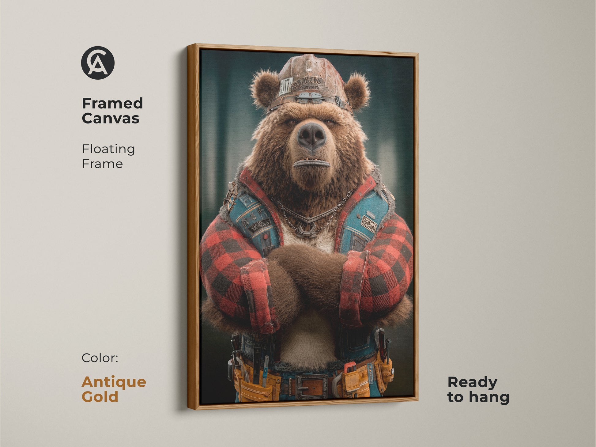 Framed Canvas Industrial Bear artwork in an Antique Gold Frame. This digital animal artwork of a bear in workwear is great for rugged decor. Suited for a man cave or office. This unique animal art print is a framed canvas ready to hang.