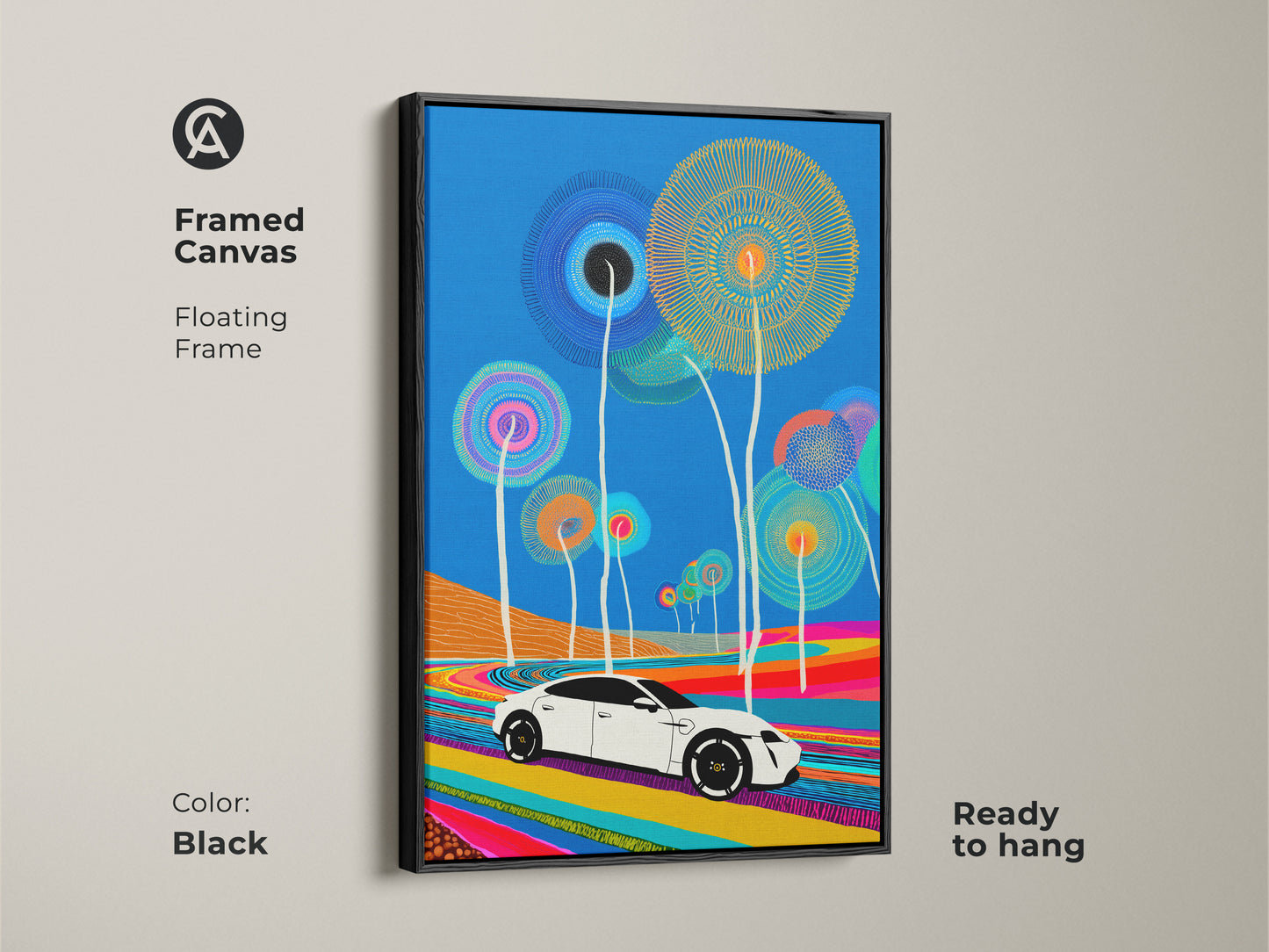 This framed canvas showcases abstract electric car art. The floating frame is black. The modern artwork features a sleek white electric car on a colorful road under a blue sky. It is ready to hang. A perfect art piece for any room.