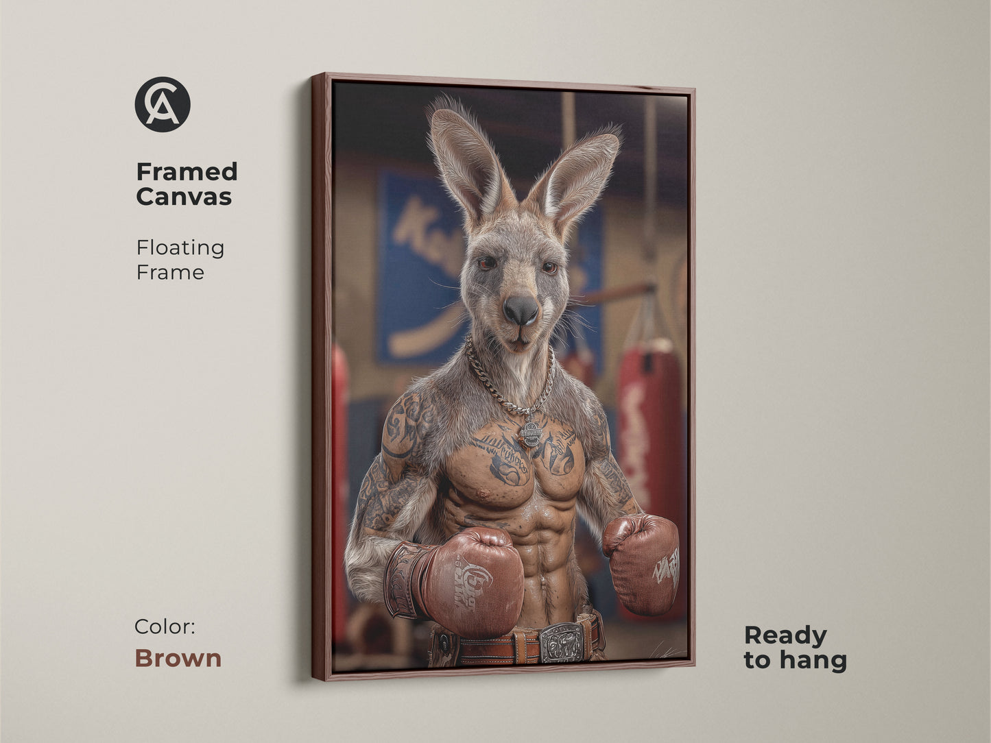 Framed canvas shows a tattoo kangaroo boxer ready to hang. A brown floating frame enhances the humorous animal artwork. It is ideal for man cave wall decor. This photorealistic print makes a great gift for boxing fans. Industrial art with red gloves stands out. It features a tan and red color scheme