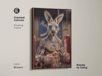 Framed canvas shows a tattoo kangaroo boxer ready to hang. A brown floating frame enhances the humorous animal artwork. It is ideal for man cave wall decor. This photorealistic print makes a great gift for boxing fans. Industrial art with red gloves stands out. It features a tan and red color scheme