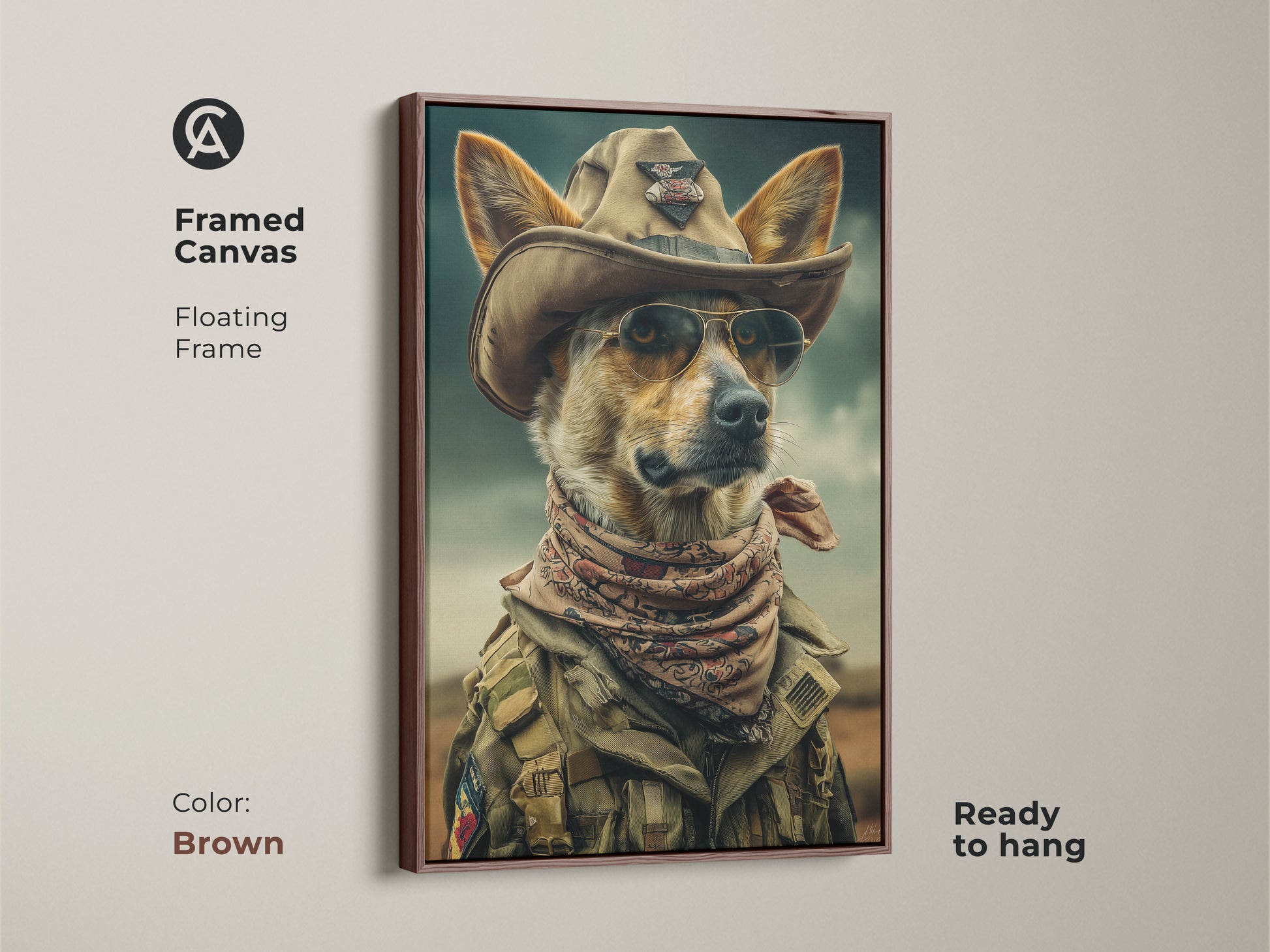 This is a framed canvas featuring a cowboy dog. The brown floating frame enhances the western dog portrait. Ready to hang it's ideal for eclectic theme home decor. Surprise a dog owner with this unique pet portrait canvas. The dog is wearing a cowboy hat and sunglasses.