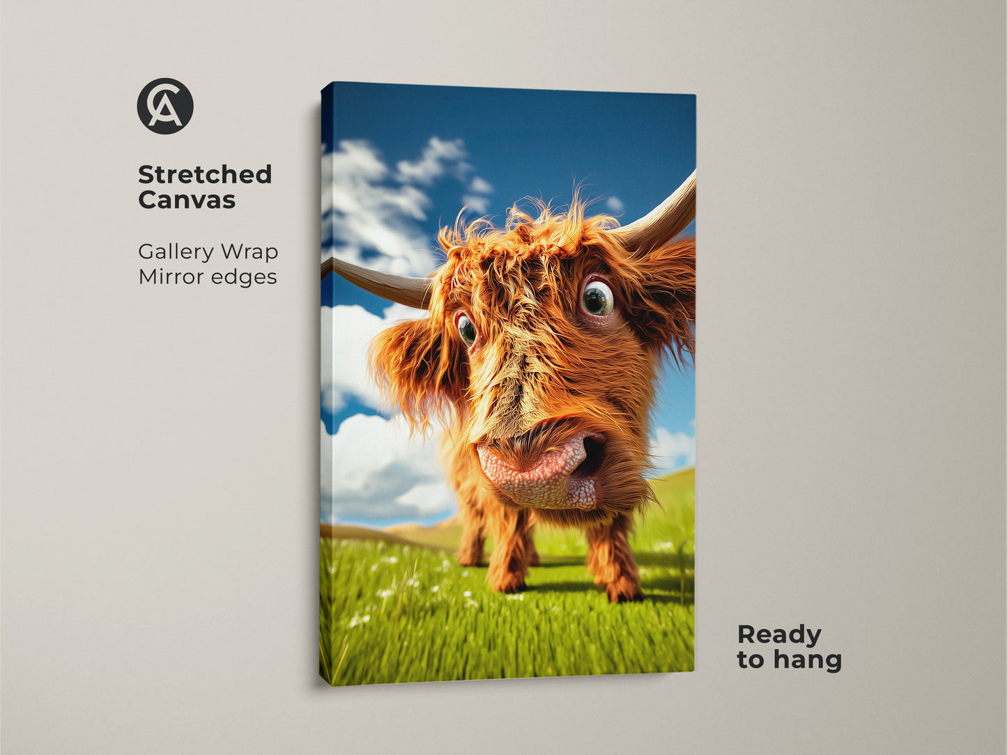 A stretched canvas gallery wrap showcases a funny Highland cow art poster. The mirror edges enhance this farmhouse wall decor print. Ready to hang this whimsical cow wall hanging is perfect for animal lovers.