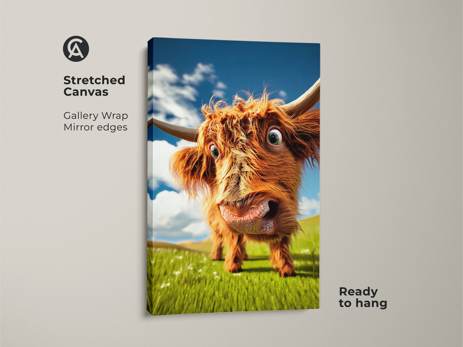 A stretched canvas gallery wrap showcases a funny Highland cow art poster. The mirror edges enhance this farmhouse wall decor print. Ready to hang this whimsical cow wall hanging is perfect for animal lovers.