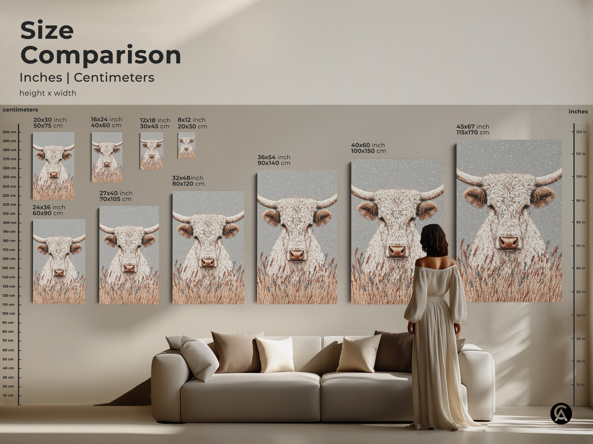 Size comparison of white longhorn bull artwork in inches and centimeters. See how the canvas or poster looks in various sizes. Perfect for planning your wall decor. Ranging from small to extra large sizes.