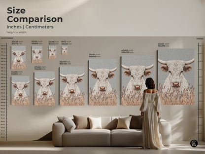 Size comparison of white longhorn bull artwork in inches and centimeters. See how the canvas or poster looks in various sizes. Perfect for planning your wall decor. Ranging from small to extra large sizes.