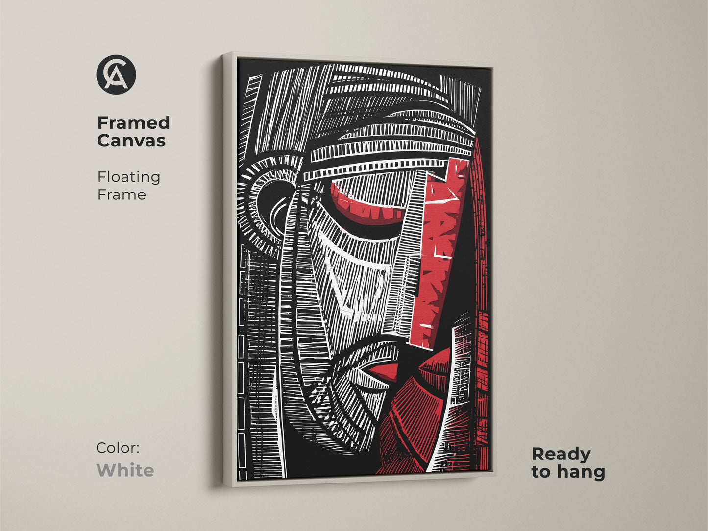 Framed canvas featuring a black red and white abstract face. This cubist portrait wall art with a floating frame is ready to hang. Perfect modern artwork for a study or office. The white frame offers a clean modern look.
