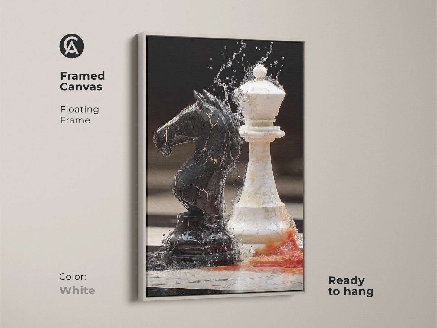 Modern Chess artwork with a white floating frame. The canvas print features an abstract black knight and white queen design. This office art piece adds sophistication to any study room. A great gift for strategists.