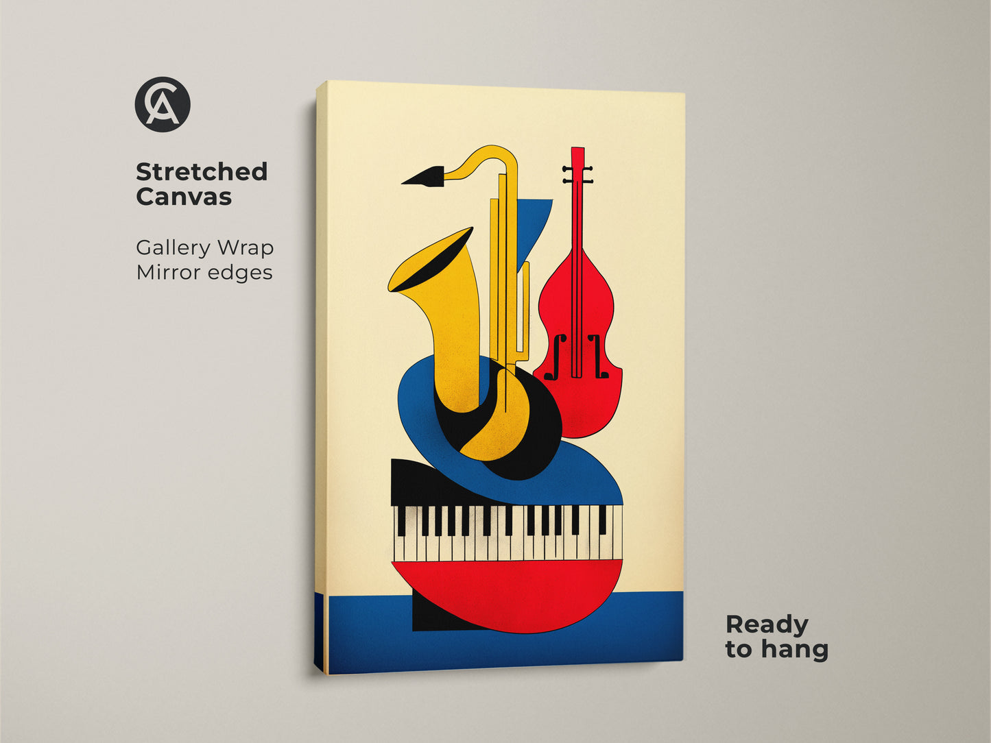 Stretched canvas print showcases a mid century modern abstract jazz composition. The saxophone violin and piano artwork has a Bauhaus geometric design. Ready to hang colorful music decor for apartment or office wall art.