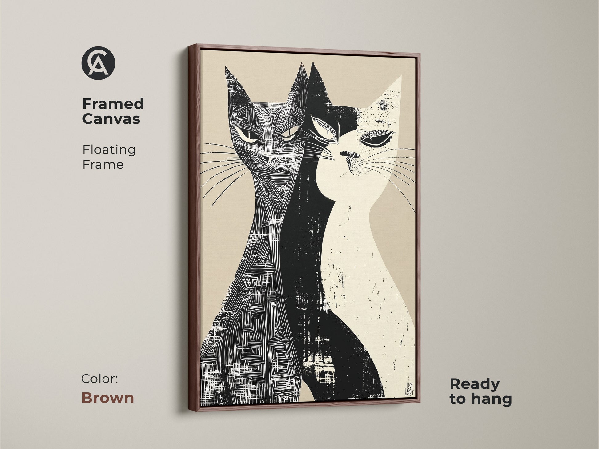 Framed canvas of a Mid-Century Modern cat art with a floating frame in brown. This unique pet art features two cats in a black and white linocut style. It's a ready-to-hang stylish home art for living rooms or bedrooms.