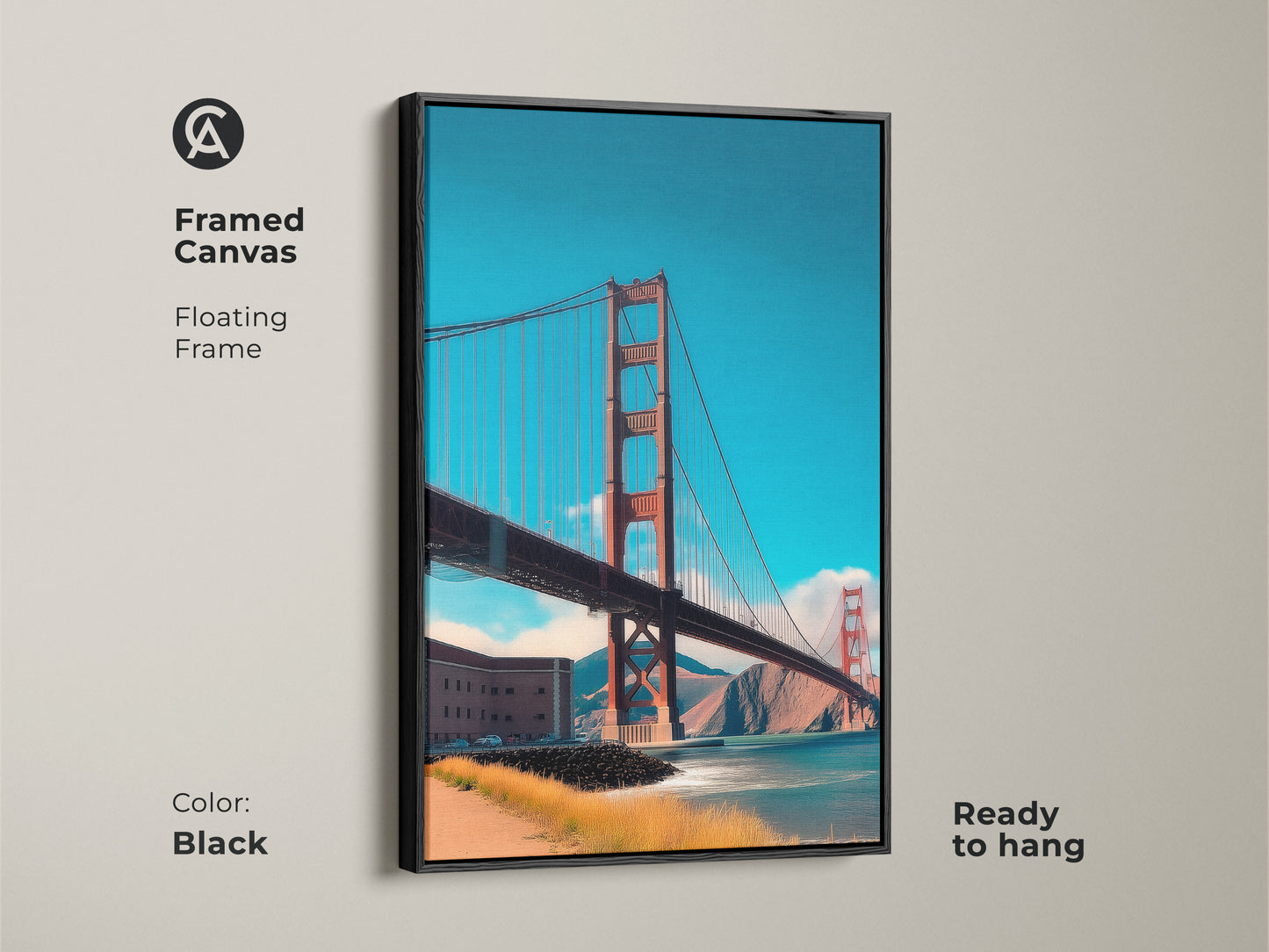 Black framed canvas art of the Golden Gate Bridge. This floating frame showcases the iconic San Francisco cityscape. Ready to hang this contemporary piece enhances any modern home decor.