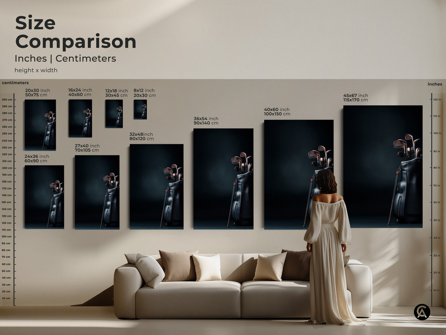 Size comparison of golf club art prints in inches and centimeters. See how different sizes look above a couch with our visual guide. Choose the perfect scale for your living room or office. Shop now and transform your space.
