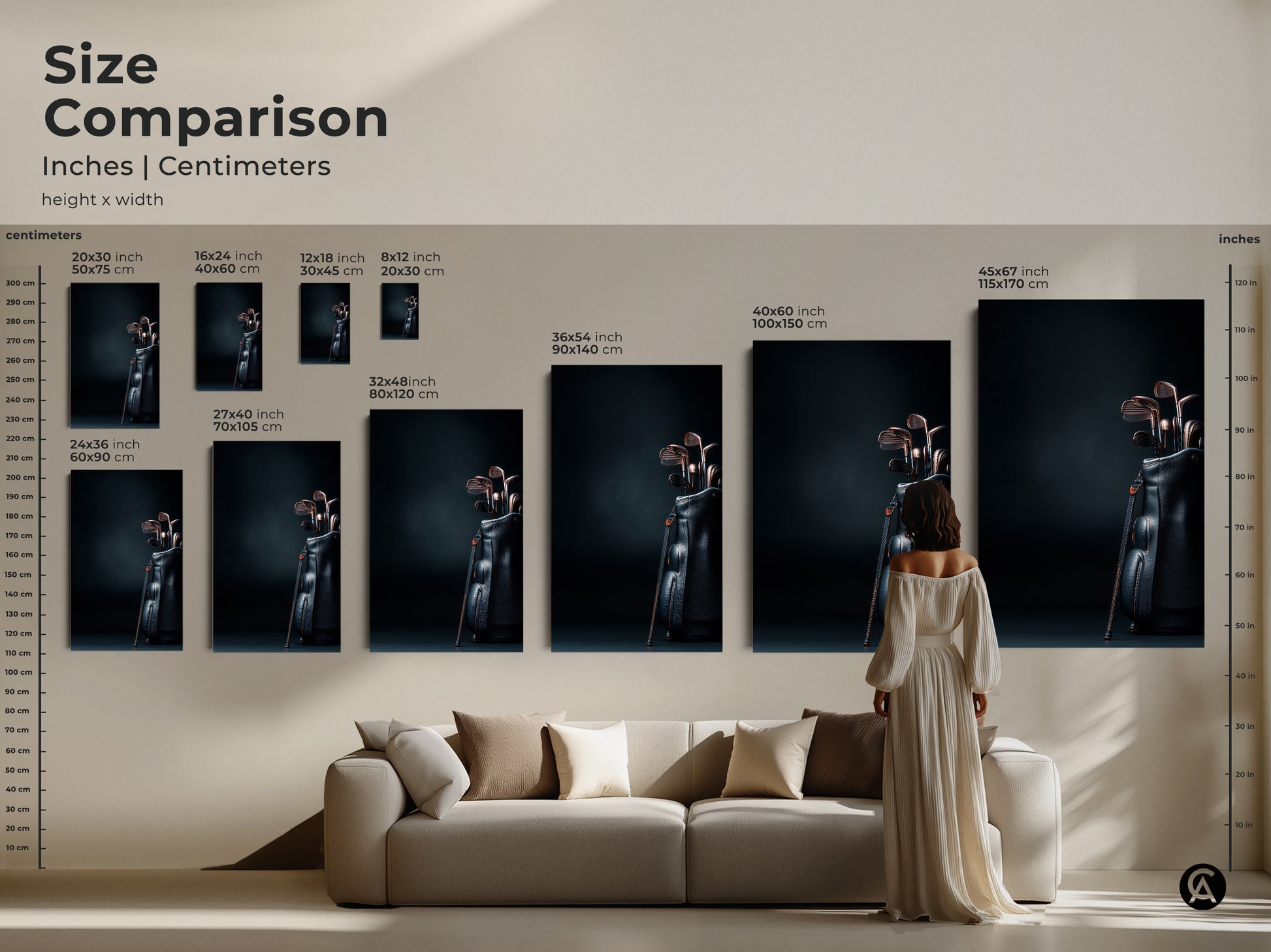 Size comparison of golf club art prints in inches and centimeters. See how different sizes look above a couch with our visual guide. Choose the perfect scale for your living room or office. Shop now and transform your space.
