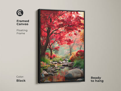 Framed canvas artwork depicting a tranquil forest stream. The vibrant red trees create a focal point. The floating frame adds a touch of sophistication. Ready to hang and available in black this art enhances any decor.