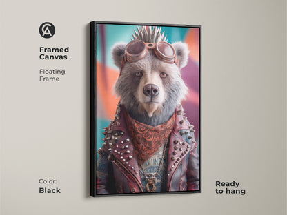 Framed canvas featuring a punk bear in a biker jacket with a black floating frame. Ready to hang eclectic wall art. A unique animal portrait and rock and roll canvas print. Perfect as a birthday gift for him. The goggles bear art makes it a cool man cave art.